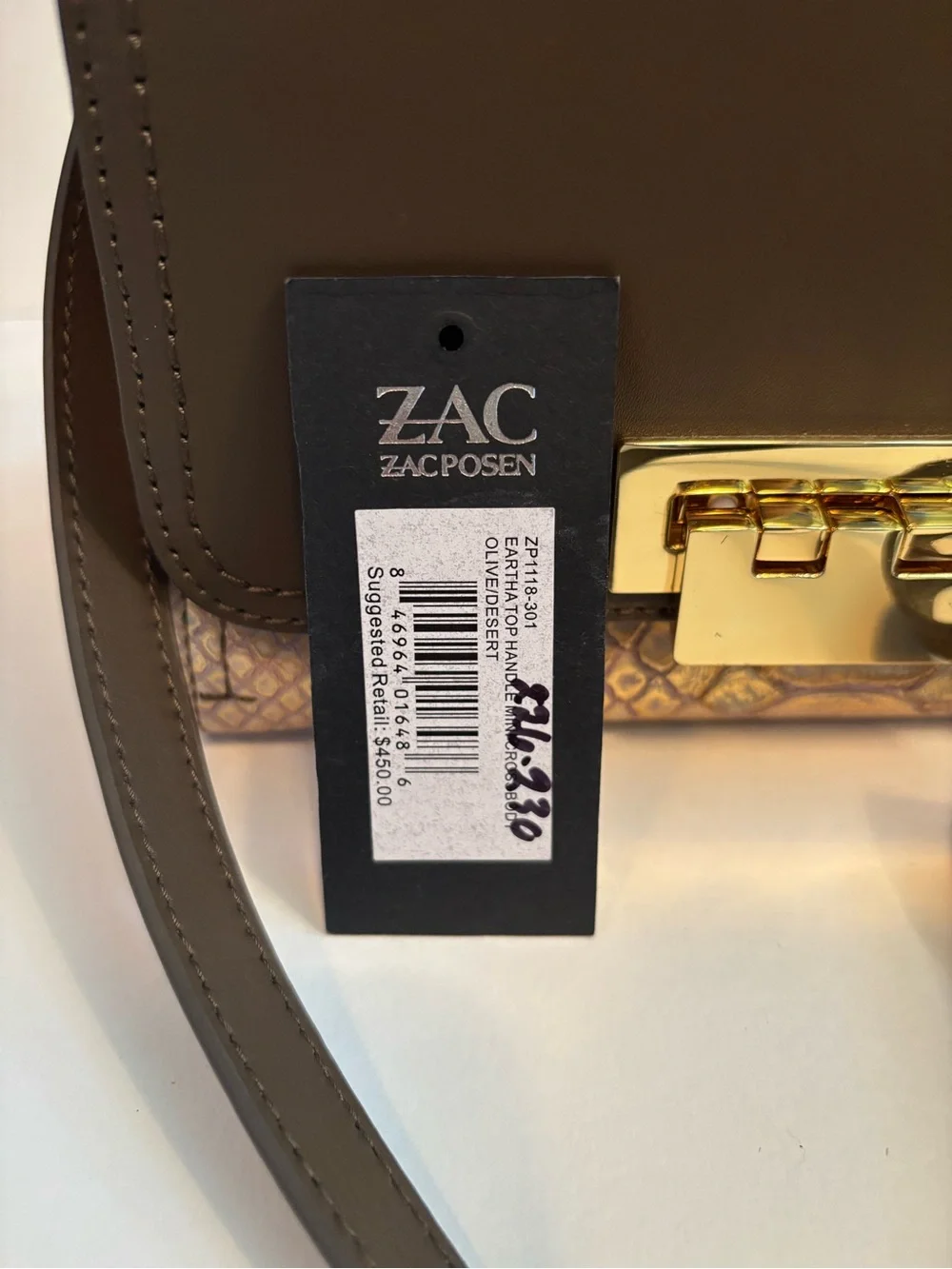 Rare Zac Posen Eartha Top-Handle Mini Crossbody Taupe Olive Brown Gold